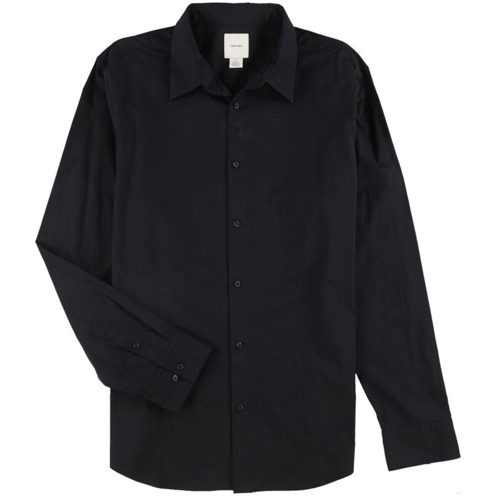 Calvin Klein Mens Solid Button Up Shirt, Black, L Neck, DM